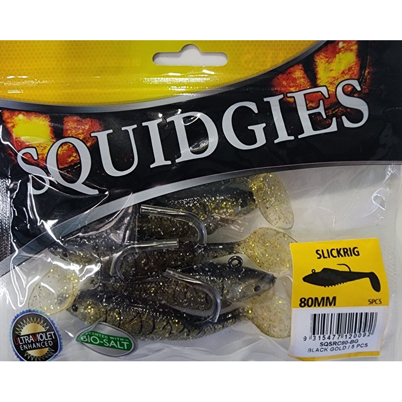 Squidgy Slickrig Light 80mm Soft Plastic - Black Gold SQSRC80-BG